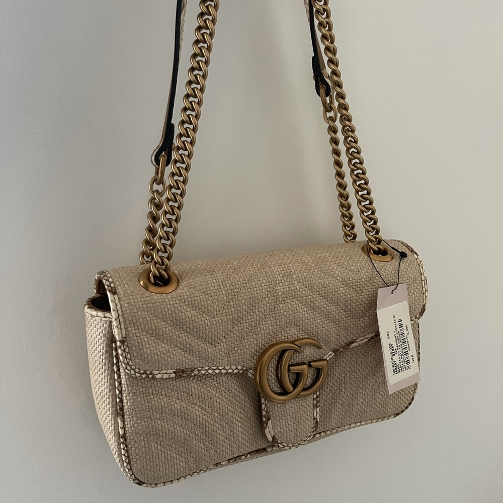 Gucci Marmont Beige Raffia Crossbody Bag.